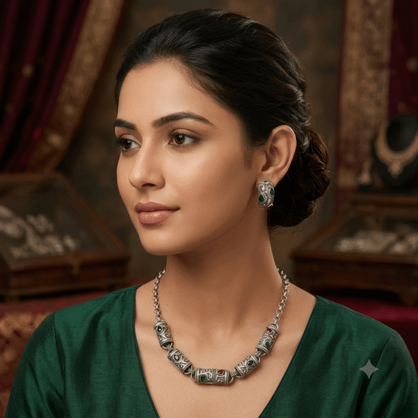 Model wearing a handcrafted oxidized silver necklace composed of carved cylindrical dholki beads studded with green and ruby-red stones, paired with matching curved stud earrings.