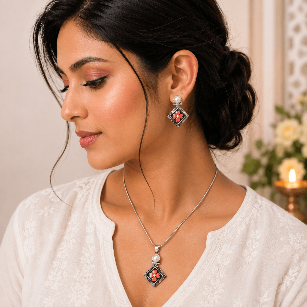Woman wearing a premium silver finish floral pendant necklace with matching pearl stud earrings featuring a black floral design.