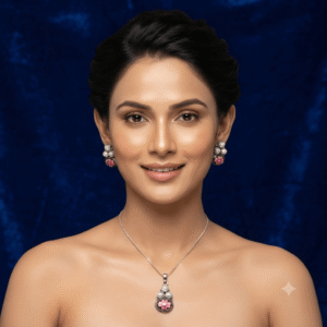 Woman wearing a premium silver finish floral pearl pendant necklace with matching pearl stud earrings featuring pink flower detailing.
