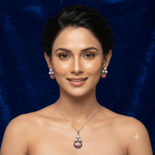 Woman wearing a premium silver finish floral pearl pendant necklace with matching pearl stud earrings featuring pink flower detailing.