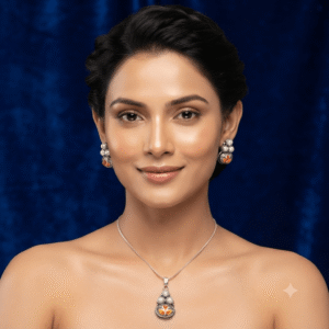 Woman wearing a premium silver finish floral pearl pendant necklace with matching pearl stud earrings featuring white flower detailing.