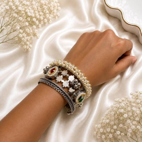 Oxidized silver broad kada with pearls and red stones