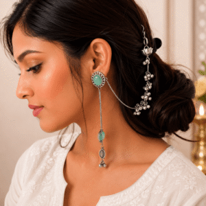 Woman wearing premium German silver long chain earrings with mint green stone and ghungroo detailing.