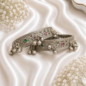 German silver kada pair with multicolor stones, intricate traditional design and hanging silver ghungroo beads