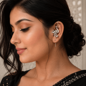 Woman wearing a premium German silver ear cuff earring with red stone and pearl detailing on the right ear.