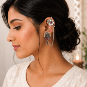Woman wearing premium German silver ear cuff earrings with red stones, chain, and ghungroo detailing on the right ear.