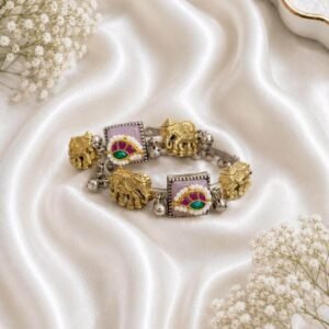 German silver elephant kada with multicolor meenakari design and traditional detailing