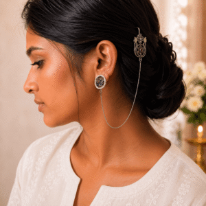 Woman wearing premium German silver floral chain earrings connected to a decorative hair hook with ruby red stone detailing.
