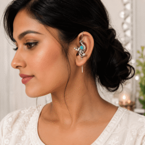 Woman wearing a premium German silver ear cuff earring with green stone and pearl detailing on the right ear.