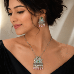 German silver necklace and matching earrings with green, turquoise and pink stones