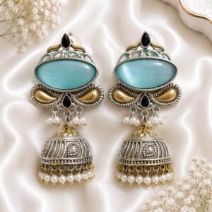 German silver blue stone jhumka earrings with pearl beads and traditional oxidized detailing