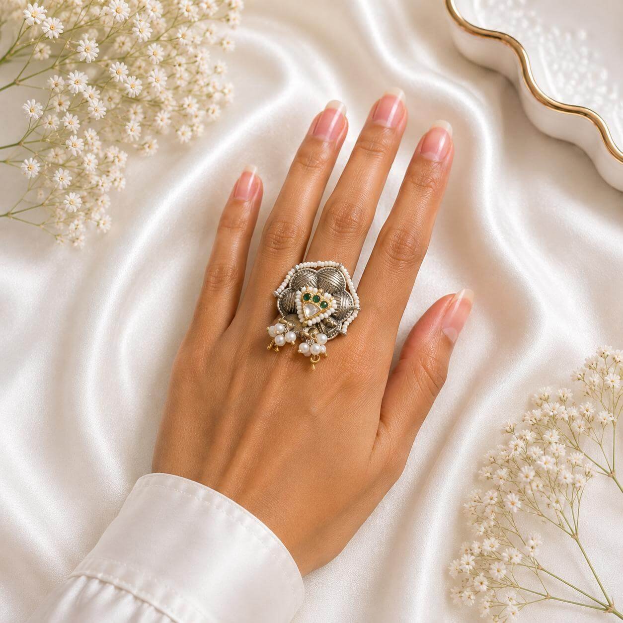 Oxidised silver floral statement ring with white pearls and multicolour stone detailing
