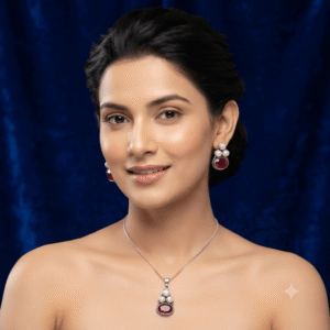 Woman wearing a premium silver finish floral pearl pendant necklace with matching pearl stud earrings featuring white flower detailing.