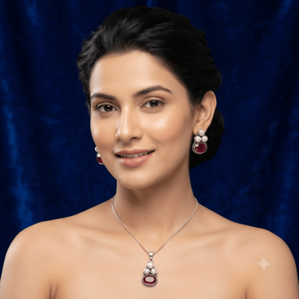 Woman wearing a premium silver finish floral pearl pendant necklace with matching pearl stud earrings featuring white flower detailing.