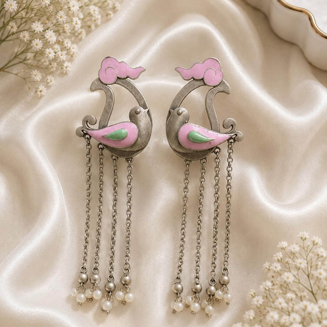 German silver pink peacock earrings with green accents, long hanging chains and pearl bead detailing