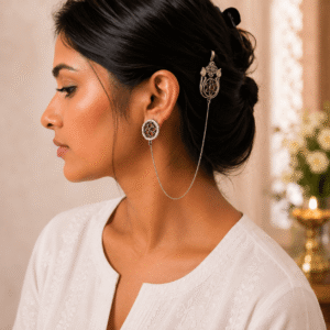 Woman wearing premium German silver floral chain earrings connected to a decorative hair hook with ruby pink stone detailing.