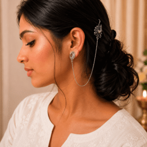 Woman wearing premium German silver peacock chain earrings connected to a decorative hair hook for an elegant ethnic look.