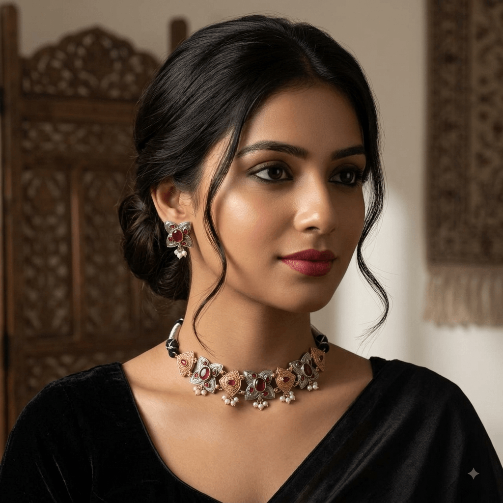 Model wearing an oxidized German silver floral choker necklace and matching stud earrings featuring vibrant ruby red stones and pearl accents from Kreezo,