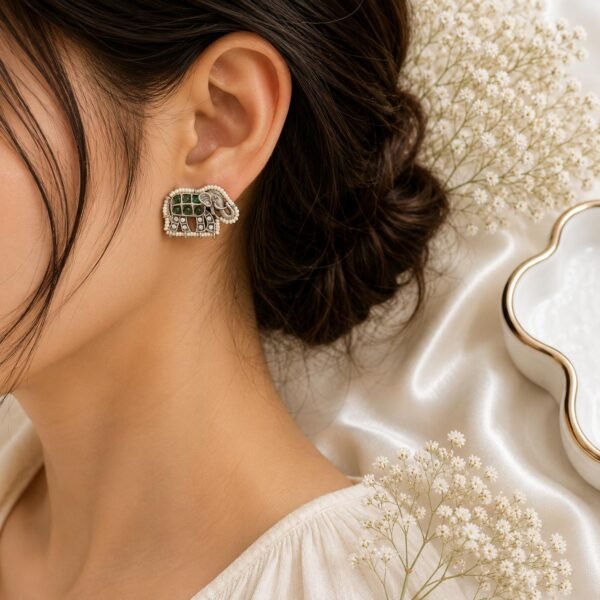 Green stone elephant oxidized silver earrings