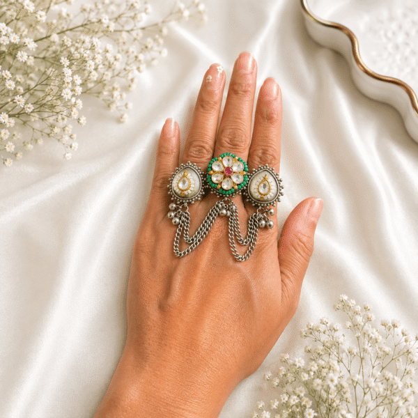 Green Kundan oxidized hand harness ring with chains