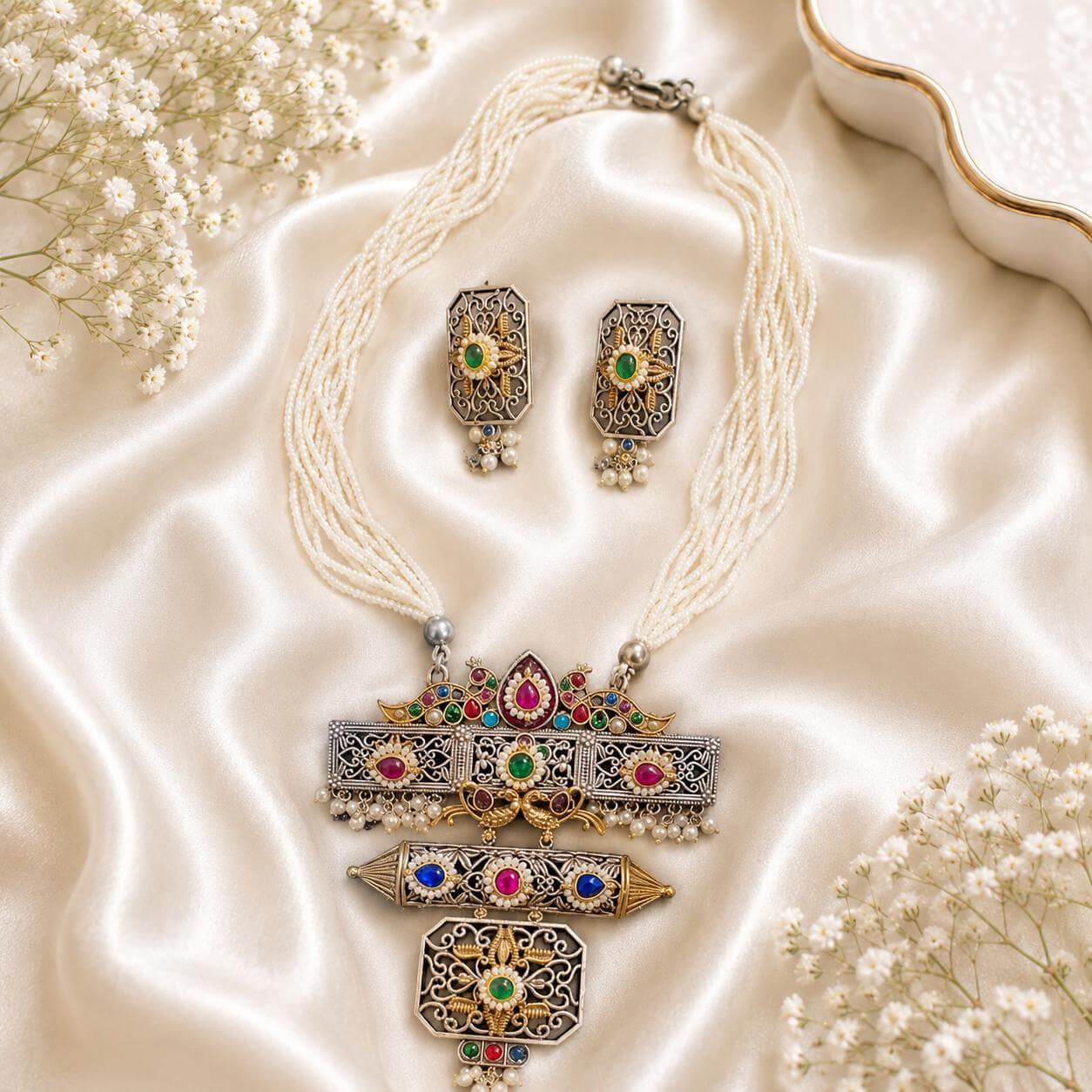 Multi-strand white pearl necklace with oxidized pendant and matching earrings featuring green, pink and blue stones