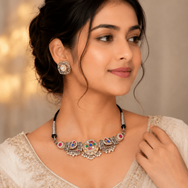 Model wearing a Kreezo oxidized silver black thread choker necklace featuring intricate geometric stations, vibrant multicolored synthetic stones, and delicate pearl dangles, accompanied by matching square filigree stud earrings against a soft neutral background