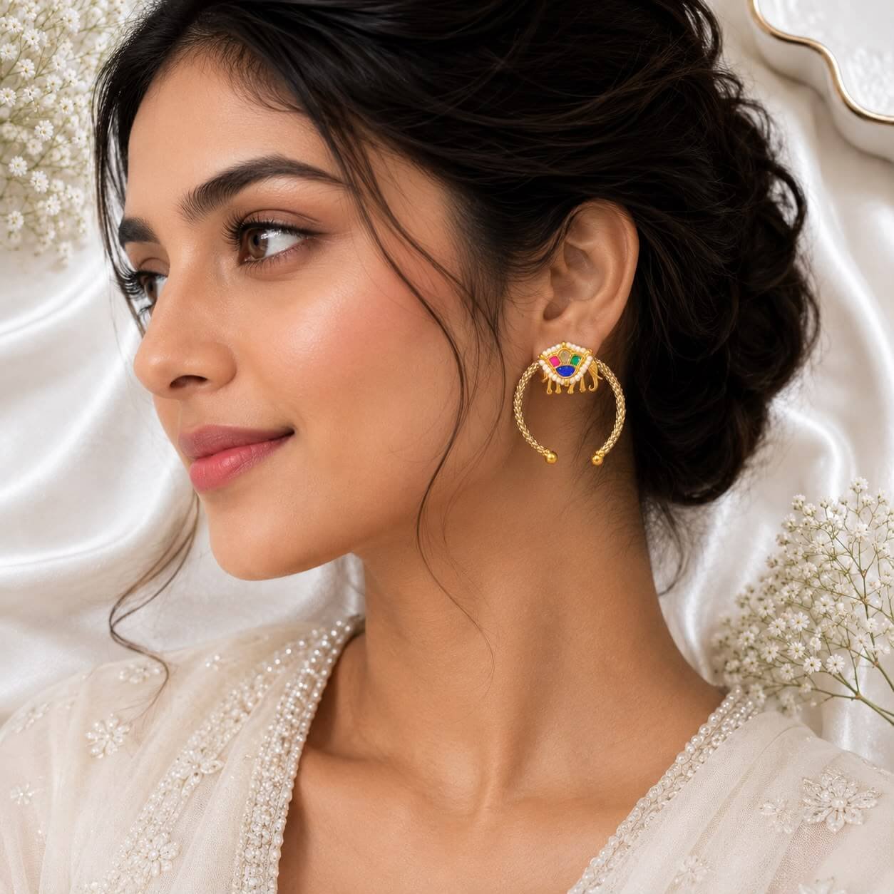 A pair of traditional hoop earrings crafted in German silver with gold-tone accents, featuring a Nandi (bull) motif adorned with a green teardrop stone and pearl detailing, resting on white satin.