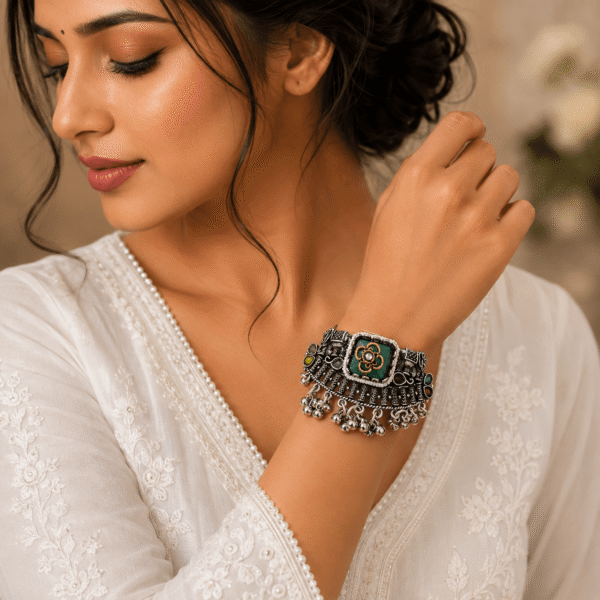 Oxidised silver statement bracelet featuring a vibrant green center stone, intricate traditional carvings, and dangling ghungroo beads worn by a model in ethnic attire by Kreezo.