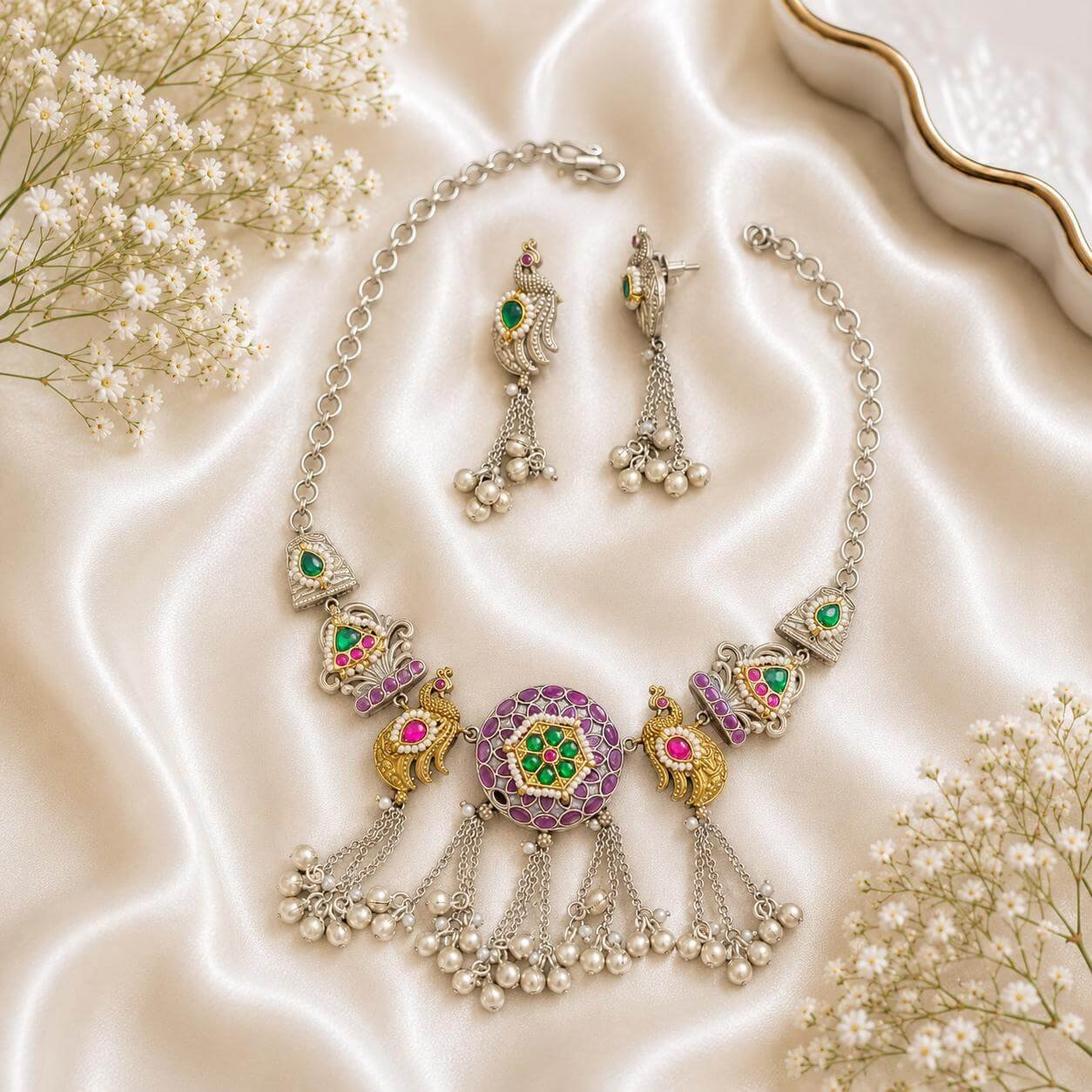 silver necklace and matching peacock earrings with green and pink stones and pearl bead detailing