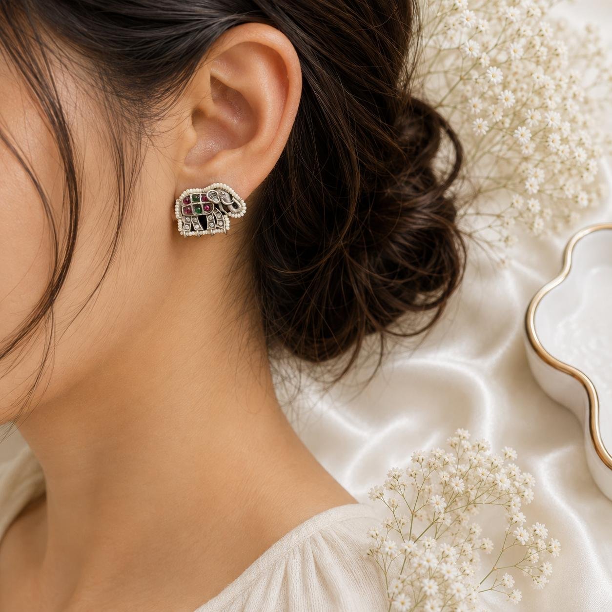 Pink stone elephant oxidized silver earrings
