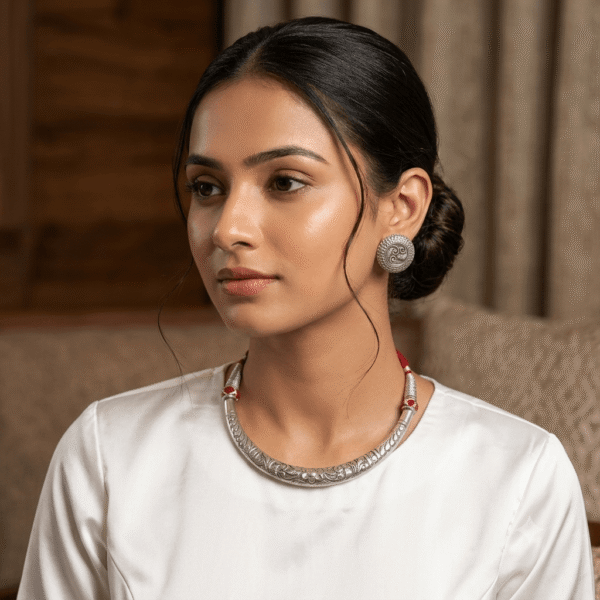 Model wearing a sleek, rigid oxidized silver engraved Hasli choker necklace paired with round filigree swirl stud earrings against a dark textured backdrop.