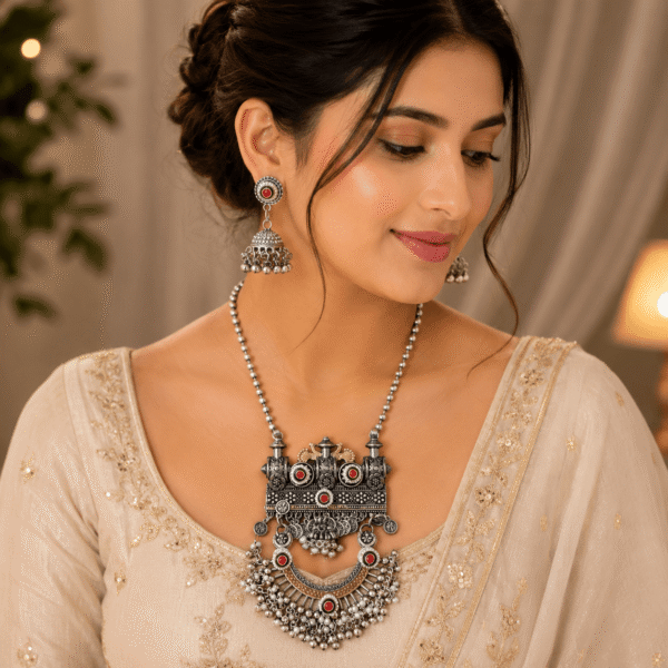 Model wearing a Kreezo oxidized silver beaded chain necklace with an elaborate architectural pendant featuring arch motifs, ruby-red stones, and intricate bead dangles, accompanied by matching jhumka earrings against a soft neutral background