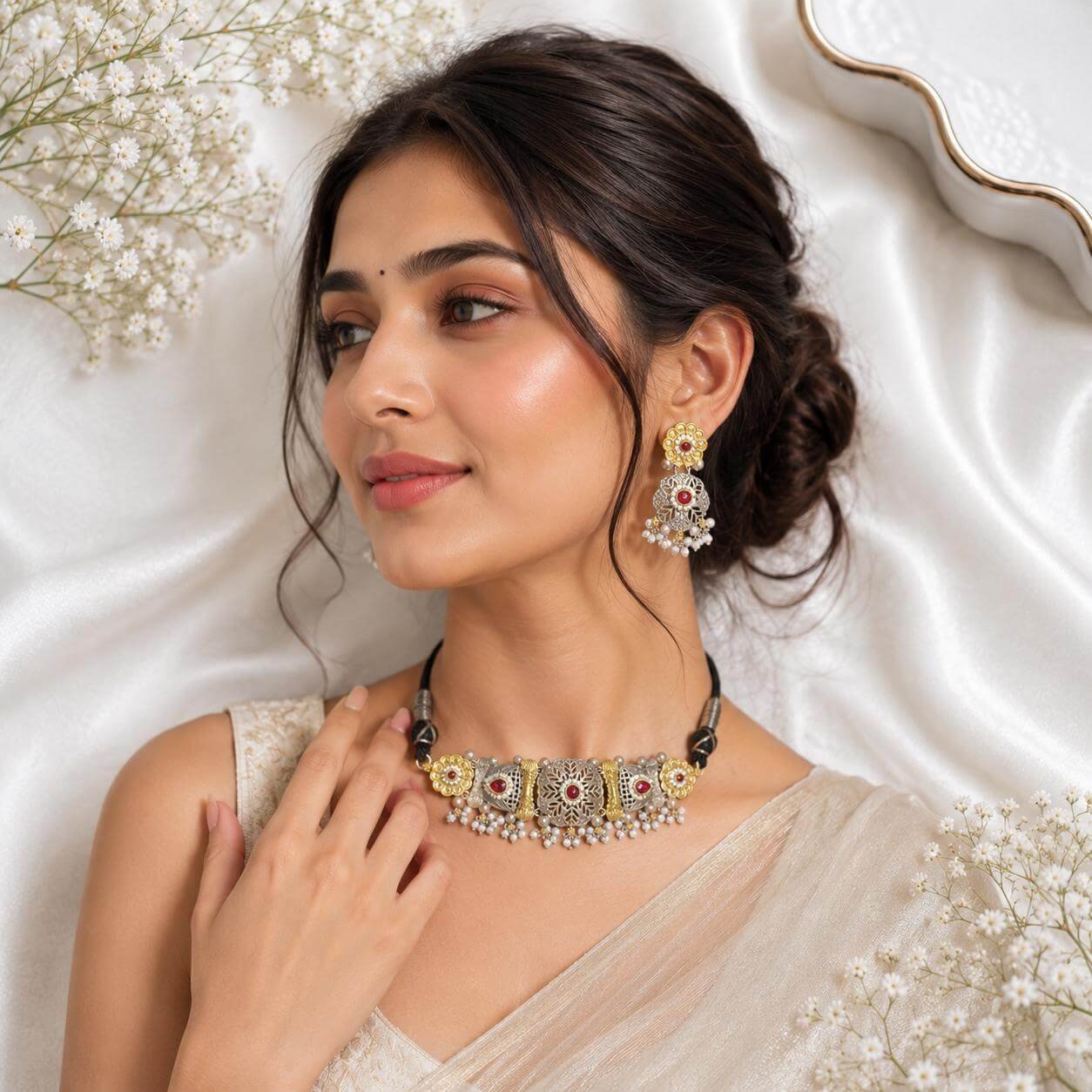 silver choker necklace and earrings set with red stones and pearl detailing