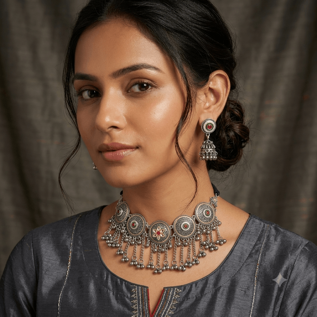 Model wearing a Kreezo oxidized silver circular disc and floral motif choker necklace with hanging bead chains, paired with matching stone-accented jhumka earrings against a dark textured background