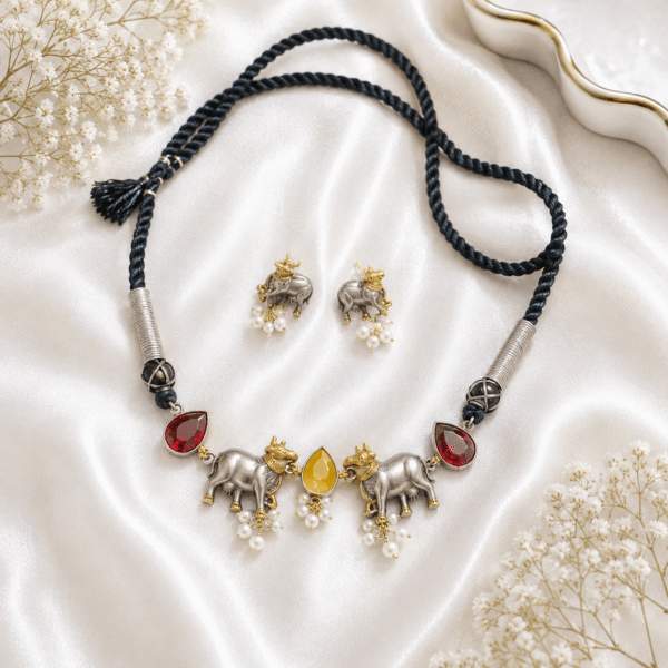 silver-toned elephant motif necklace and matching earrings set featuring pink crystal drops and pearl hangings on a black braided cord, displayed on white satin fabric with white flowers.