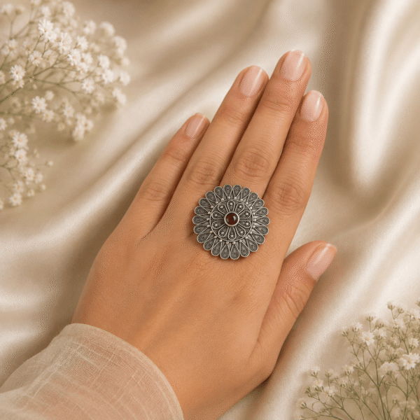 A hand wearing an intricate silver ring with a round mandala design and a central dark stone, resting on a cream satin cloth with baby's breath flowers.