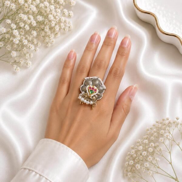 Oxidised silver floral statement ring with white pearls and multicolour stone detailing