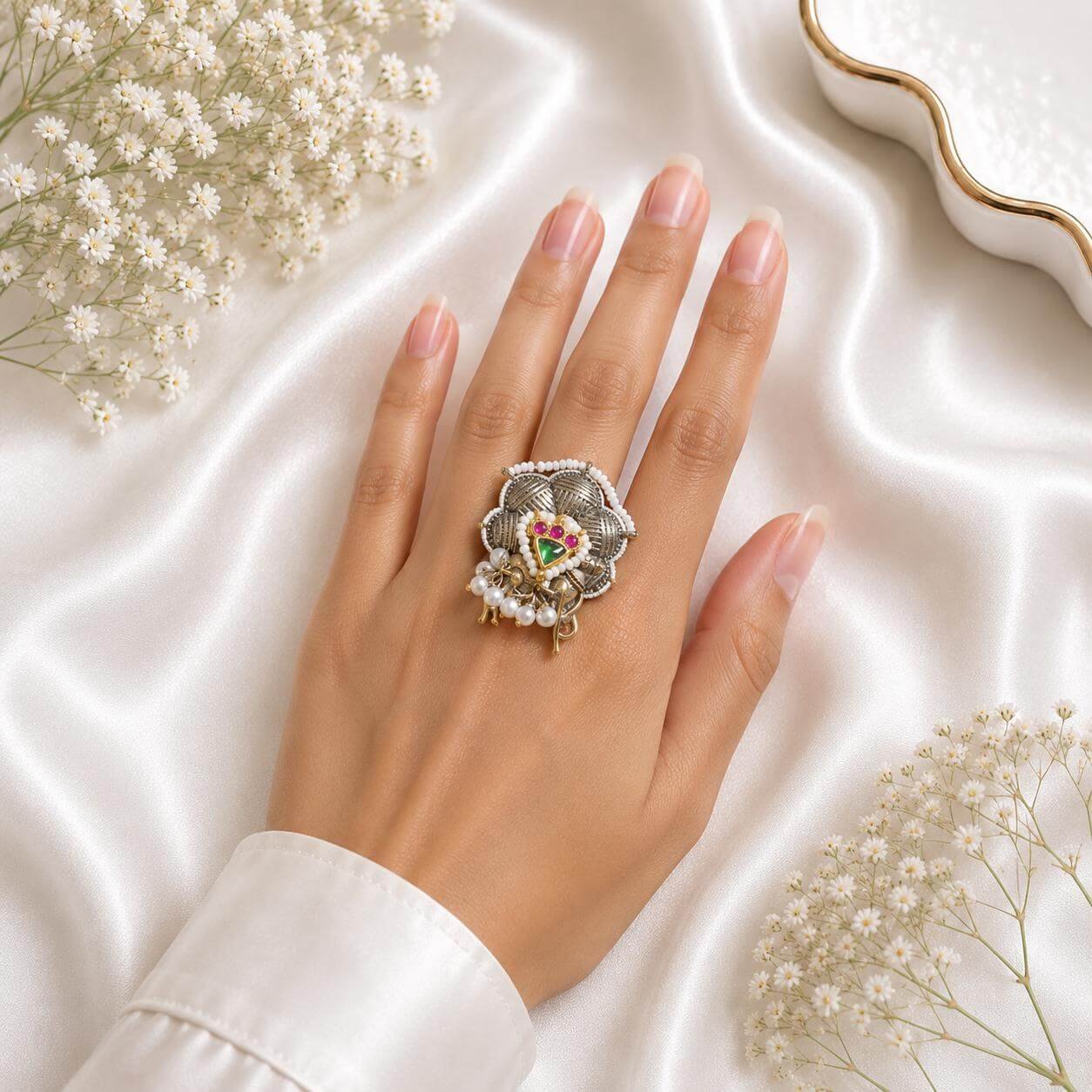 Oxidised silver floral statement ring with white pearls and multicolour stone detailing