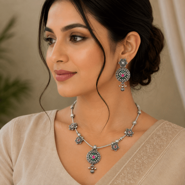 Kreezo oxidized silver necklace set featuring black enamel elements, floral motifs set with ruby-red and green stones, a central pendant, and matching drop earrings displayed on a white satin background with baby's breath flowers
