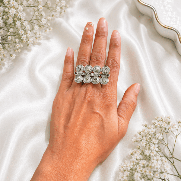 silver multi-motif statement ring