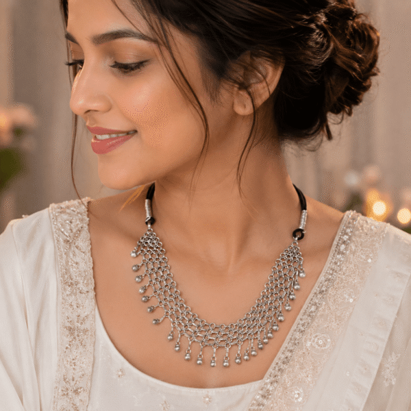A statement silver bib necklace featuring a heavy, multi-layered mesh chain design adorned with numerous dangling silver bead charms and a black adjustable fabric cord, displayed on a dark surface.