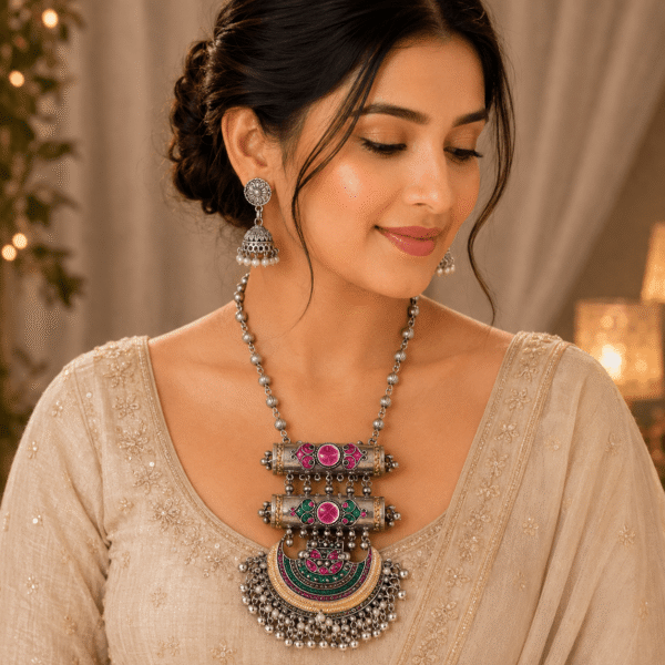 Model wearing a Kreezo oxidized silver beaded chain necklace featuring a striking multi-tiered pendant with cylindrical tubes, vibrant pink and green gemstone accents, and a crescent base with bead dangles, accompanied by matching jhumka earrings against a soft neutral background