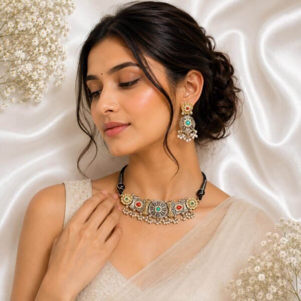 silver choker necklace and earrings set with red stones and pearl detailing
