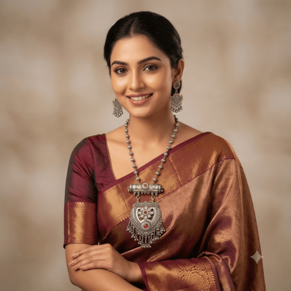 A matching ethnic jewelry set featuring a long oxidized silver beaded chain with an ornate, colorful stone-studded pendant and a pair of matching dangle earrings held against a black display surface.