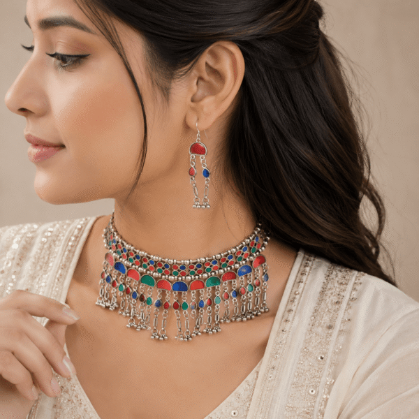 A traditional oxidized silver choker necklace and matching dangle earrings set adorned with multicolored red, blue, green, and orange stone inlays, featuring a cascading fringe of small charms on a black background.